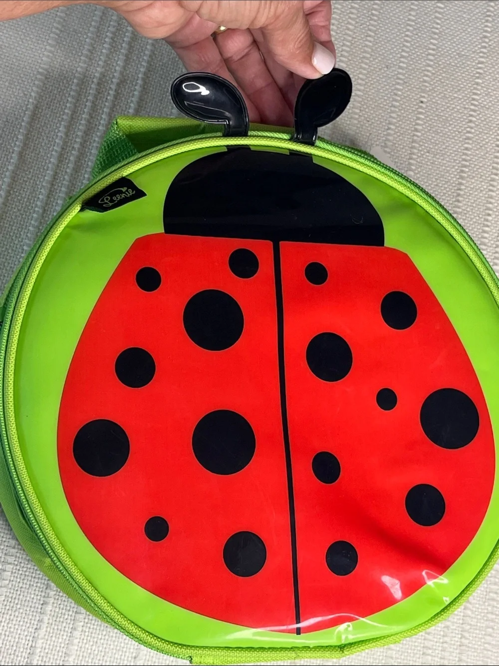 Leenie Lunch tote, Red, Black, Lime Green Ladybug w handle, JoAnn Stores brand